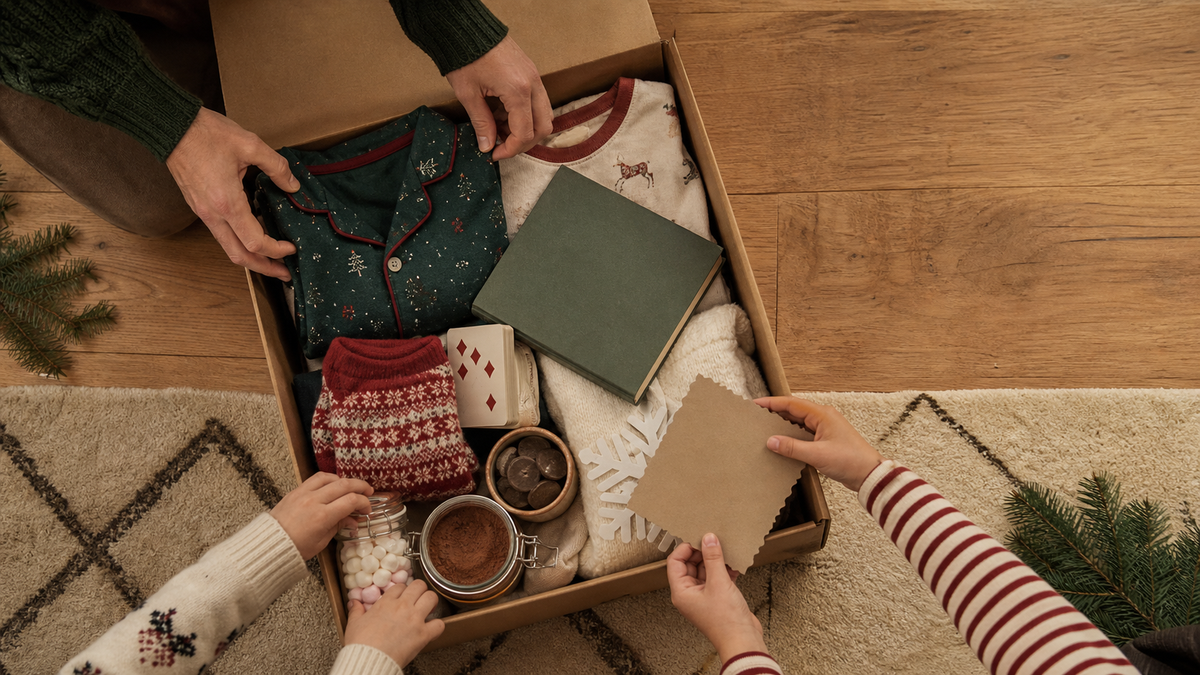 Family hands filling a Christmas Eve box with pyjamas, socks, a book and hot chocolate