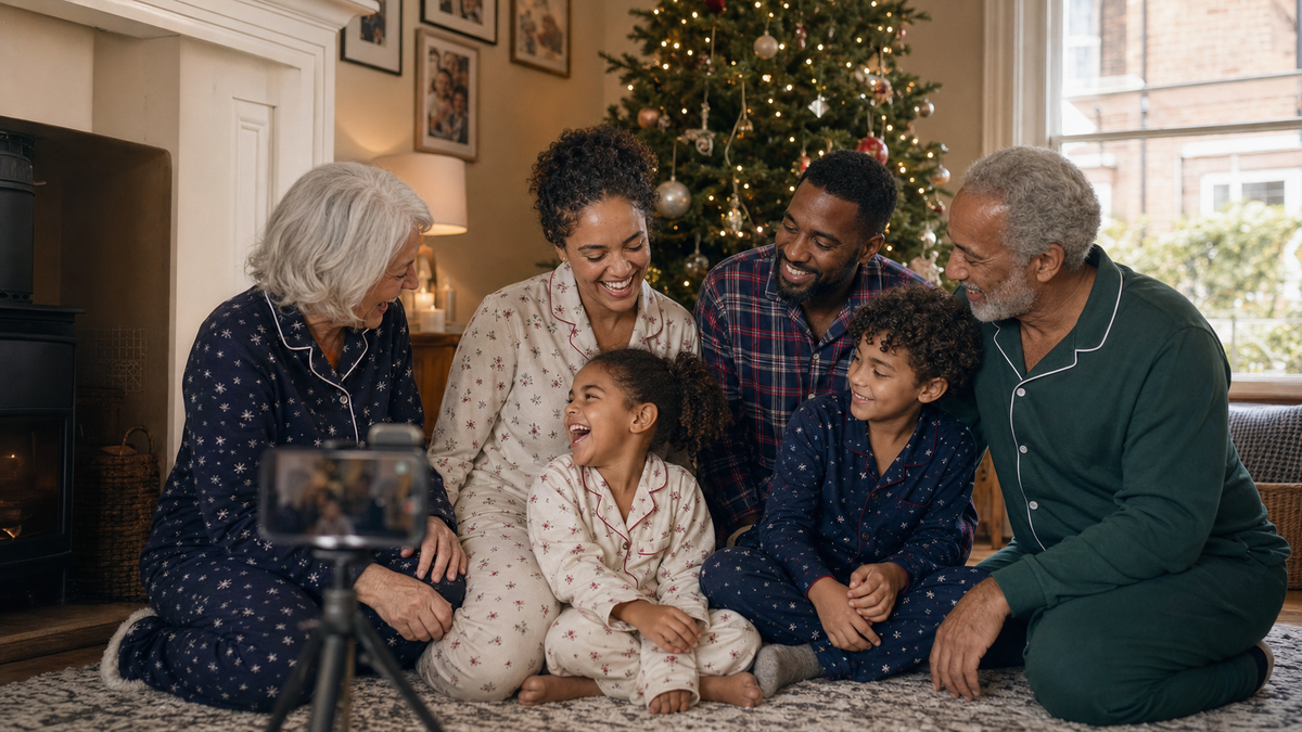 Multigenerational family laughing in coordinated pyjamas during a Christmas photo at home