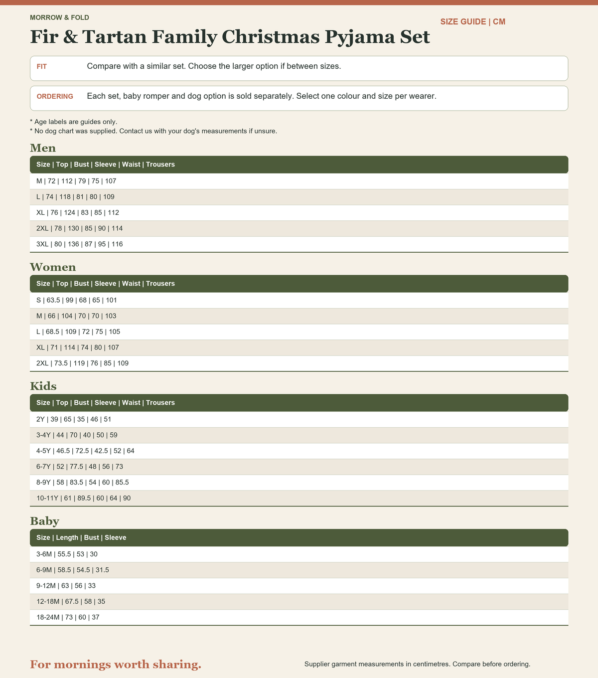 Fir and Tartan family Christmas pyjama size guide