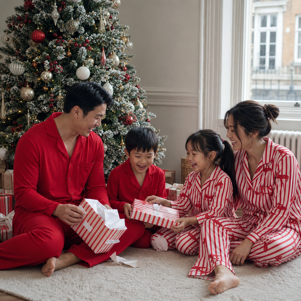 East Asian British family wearing Crimson Ribbon matching Christmas pyjamas while opening presents