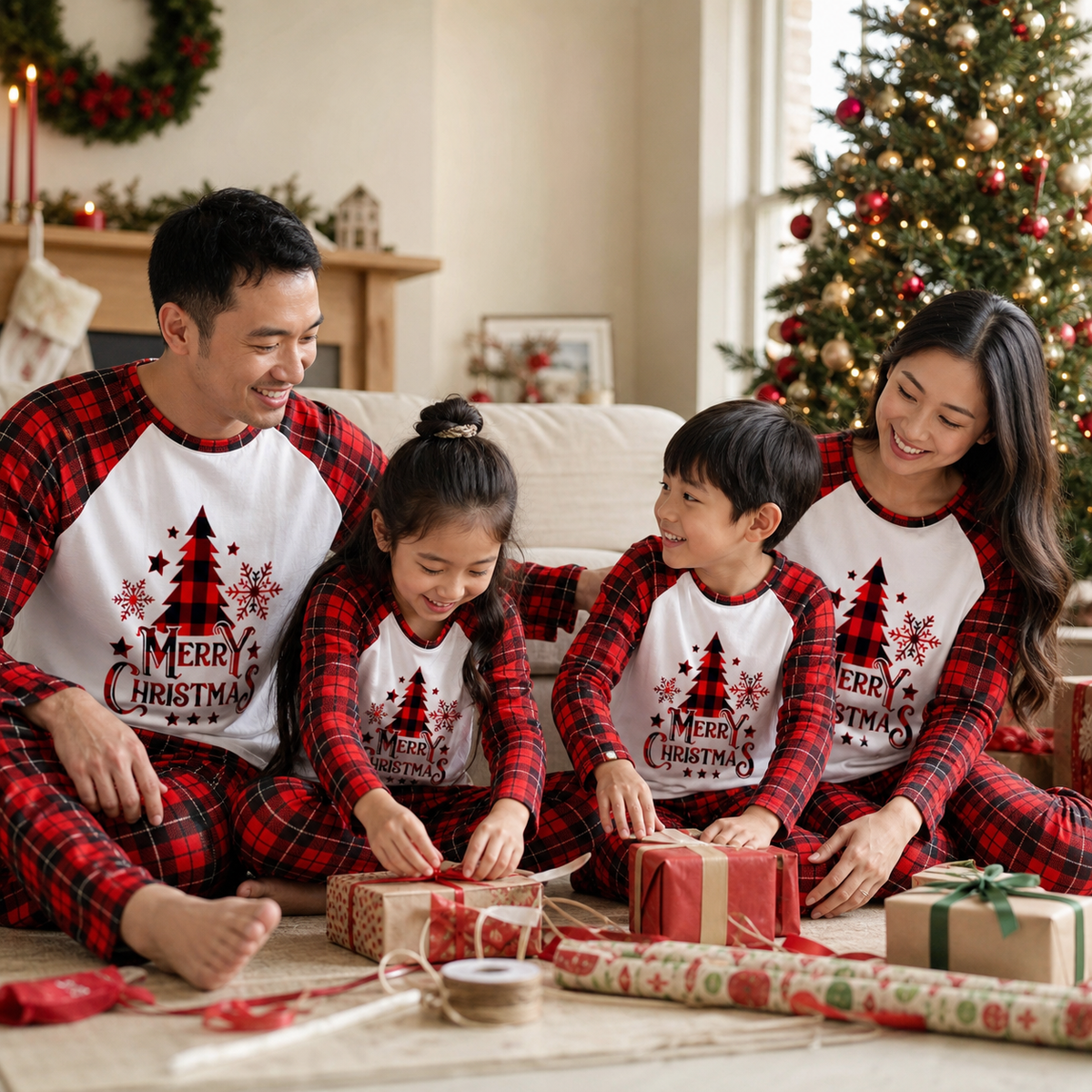 East Asian British family wearing crimson Fir and Tartan matching Christmas pyjamas