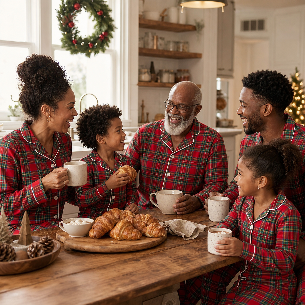 Caribbean British family wearing Hearthside Plaid matching Christmas pyjamas at breakfast