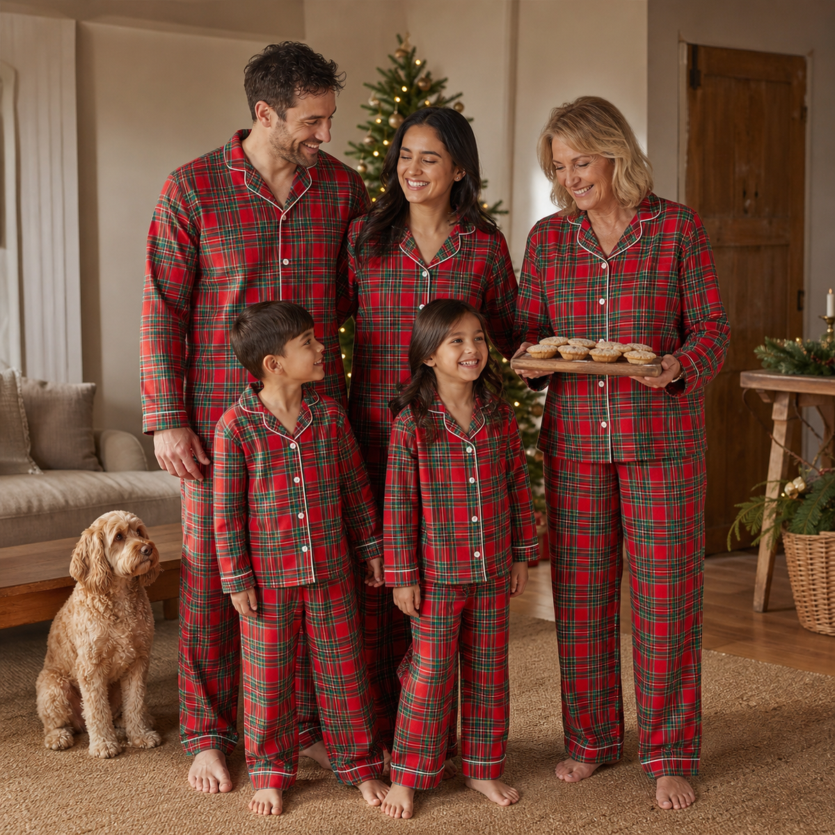 Mixed British family wearing Hearthside Plaid matching Christmas pyjamas with mince pies