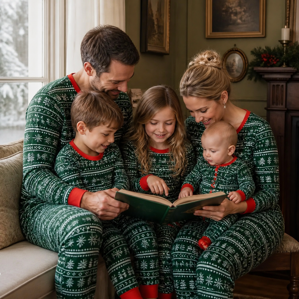 British family wearing Pine Hearth matching Christmas pyjamas while reading together