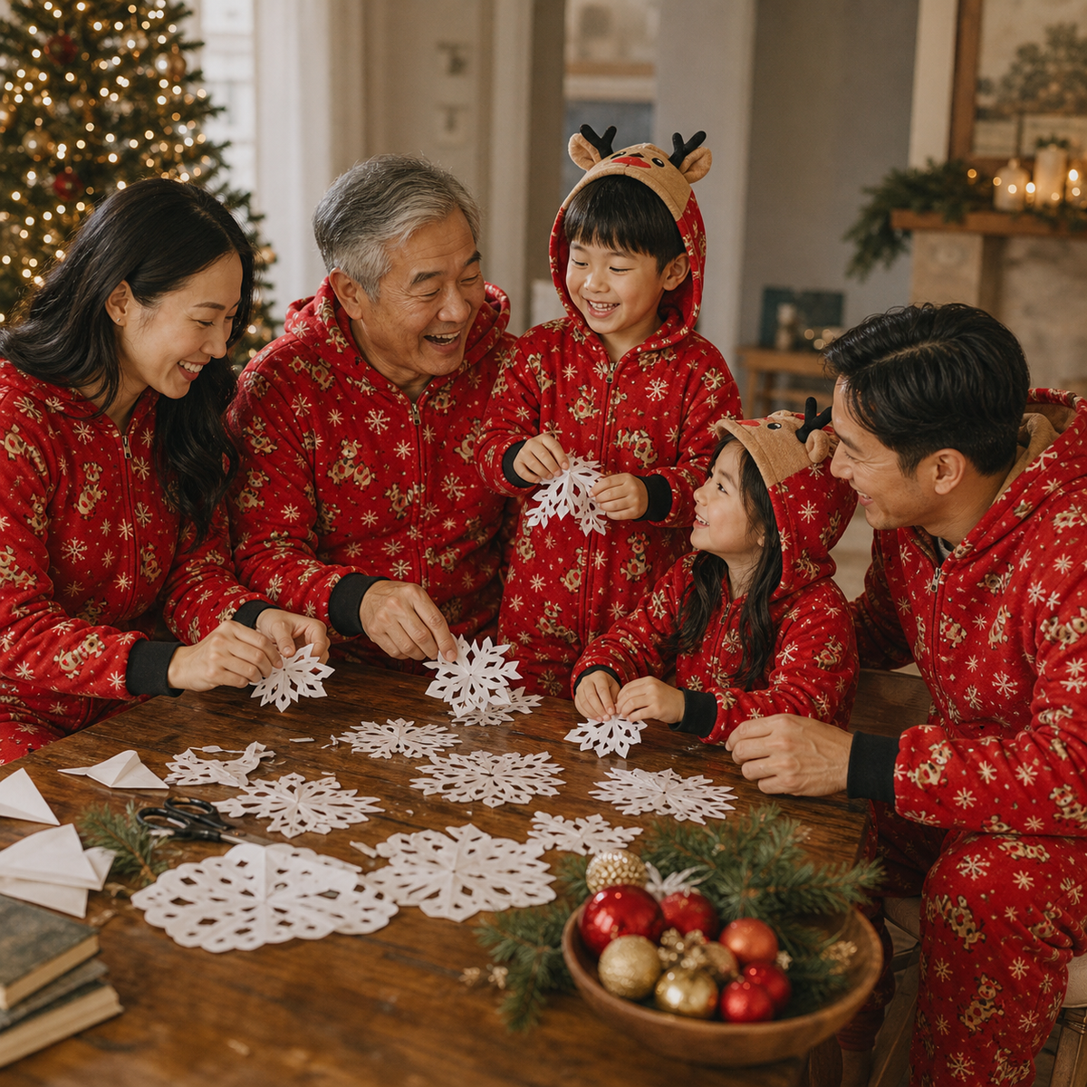 East Asian multigenerational family wearing Red Reindeer matching Christmas onesies