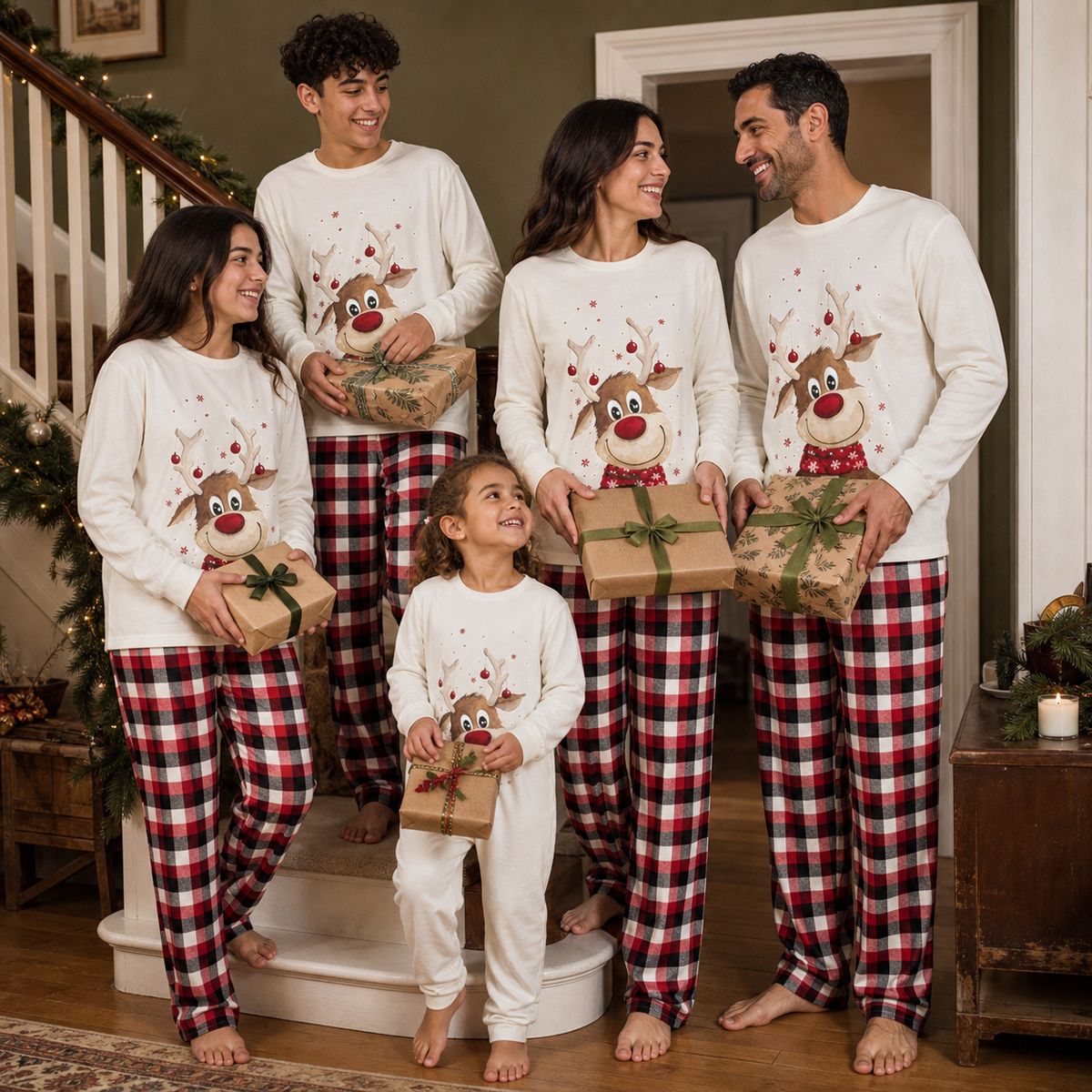 Mixed British family wearing Reindeer Morning matching Christmas pyjamas with presents