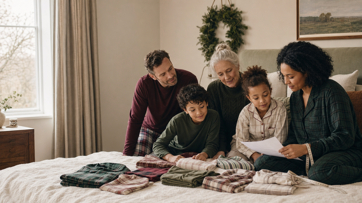 Family comparing coordinated Christmas pyjamas and checking a size guide at home