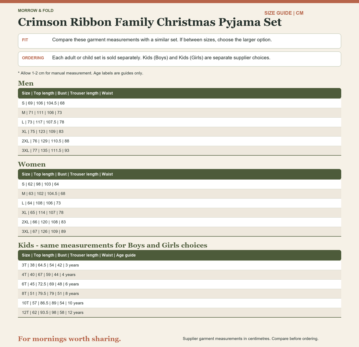 Crimson Ribbon family Christmas pyjama size guide