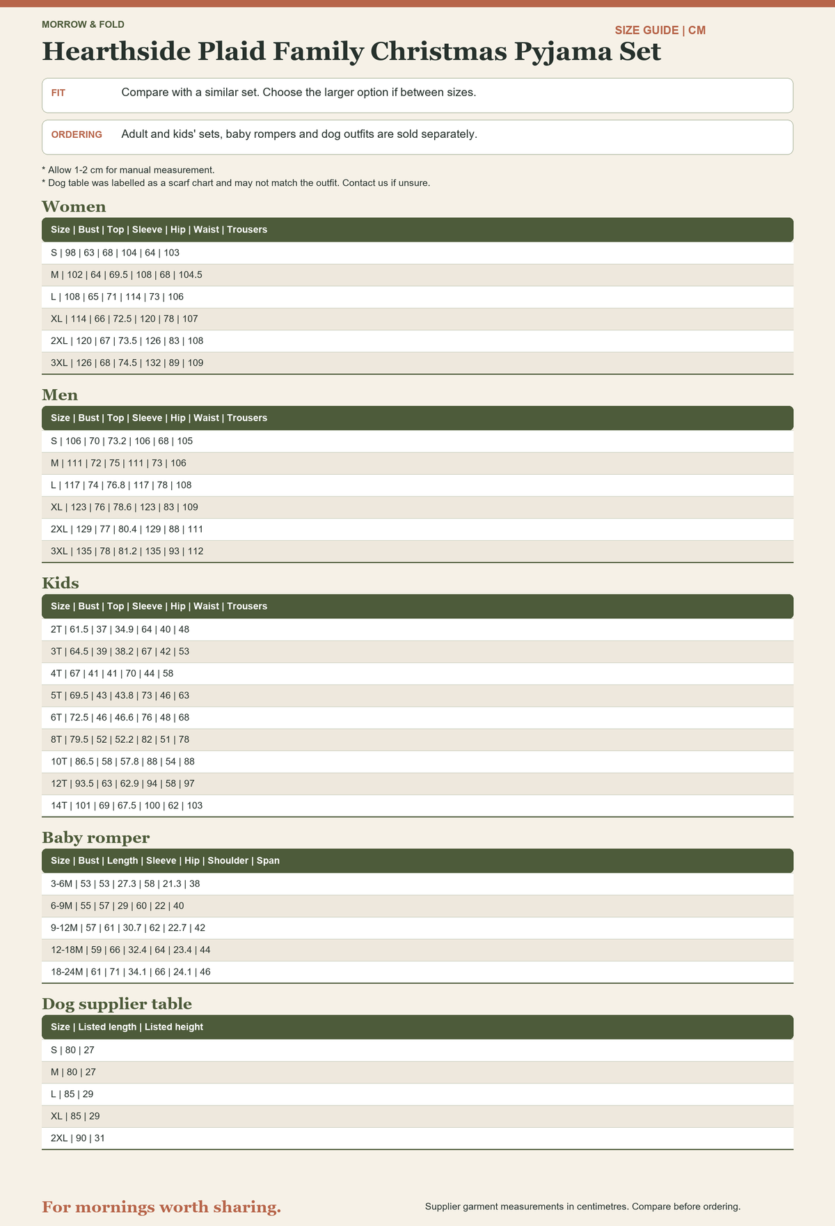 Hearthside Plaid family Christmas pyjama size guide