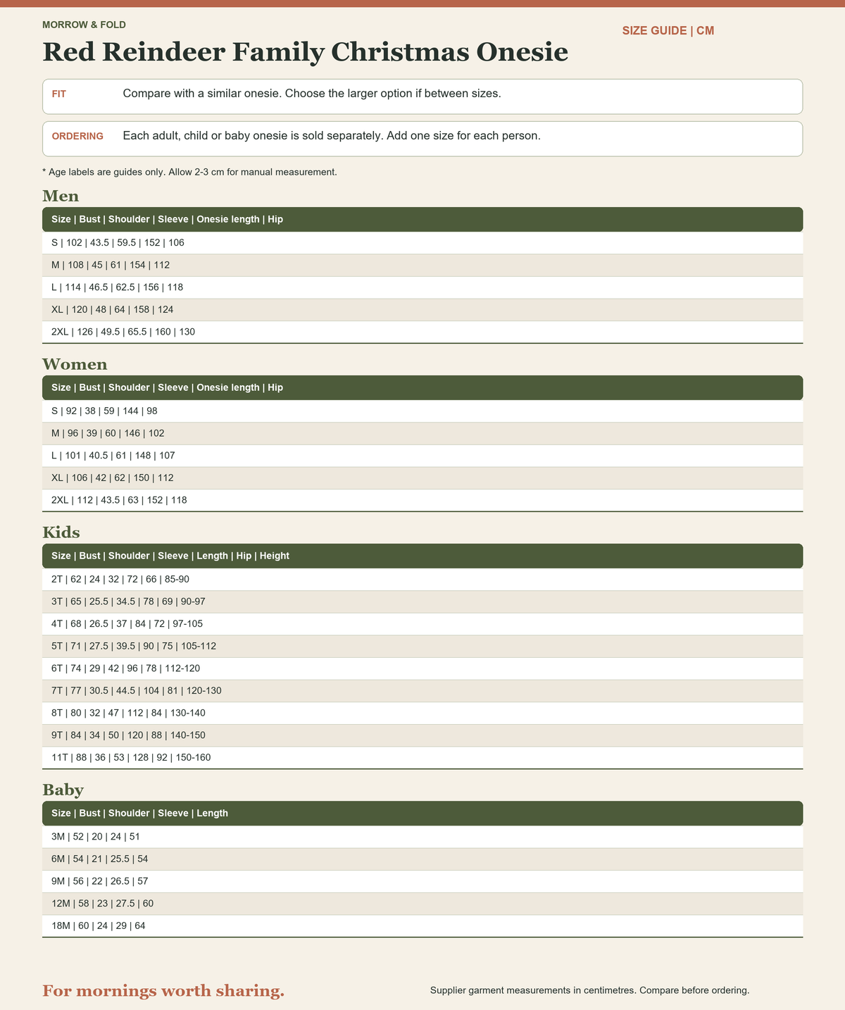 Red Reindeer family Christmas onesie size guide