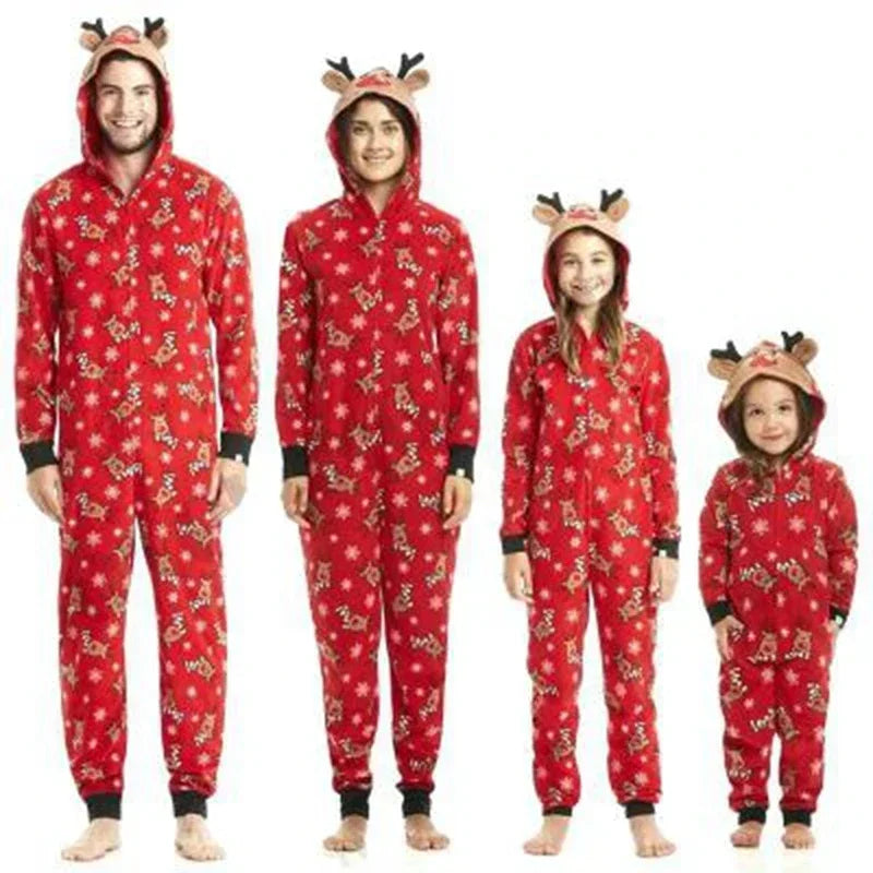 Red Reindeer Family Christmas Onesie - family in red reindeer hooded onesies