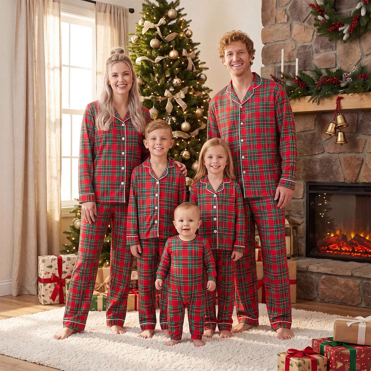Hearthside Plaid Family Christmas Pyjama Set - family in red and green plaid pyjamas