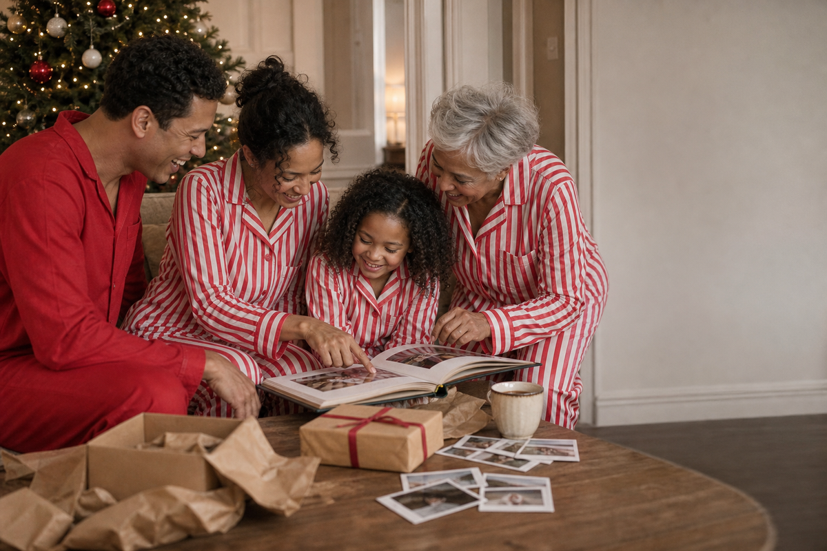 Family in red and ribbon striped pyjamas looking through a photograph album