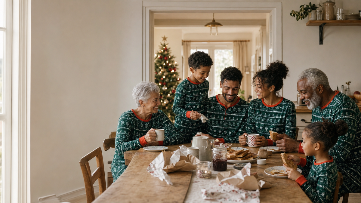 Multigenerational family in matching green Nordic pyjamas sharing Christmas breakfast