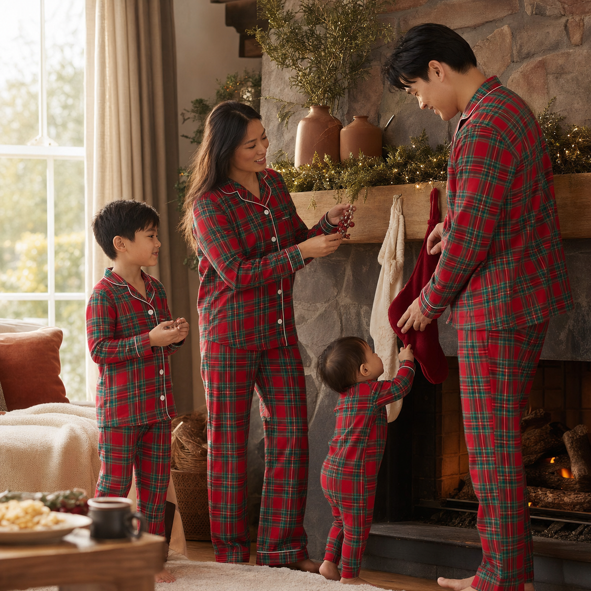 East Asian British family wearing Hearthside Plaid matching Christmas pyjamas by the fireplace