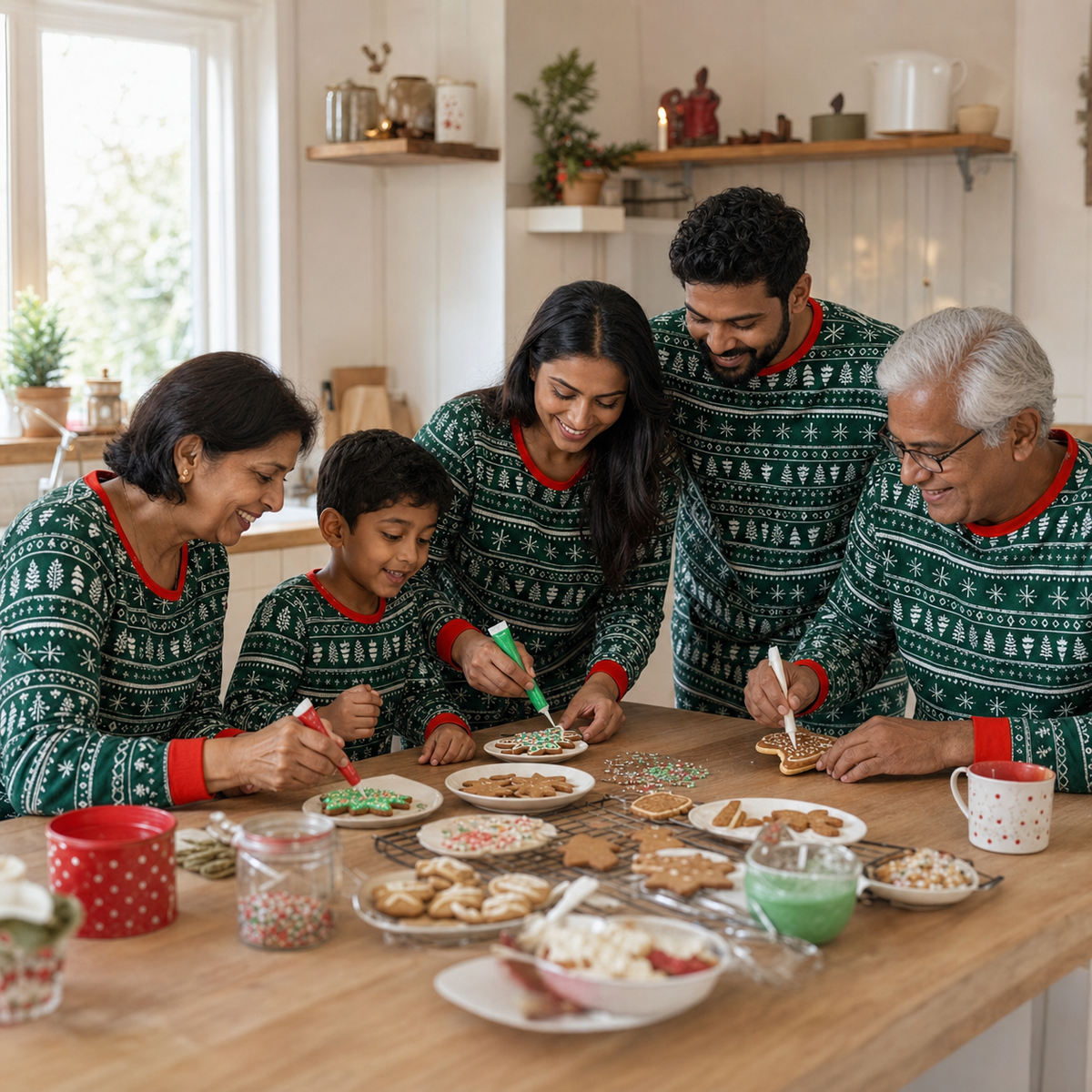 South Asian British family wearing Pine Hearth matching Christmas pyjamas while baking