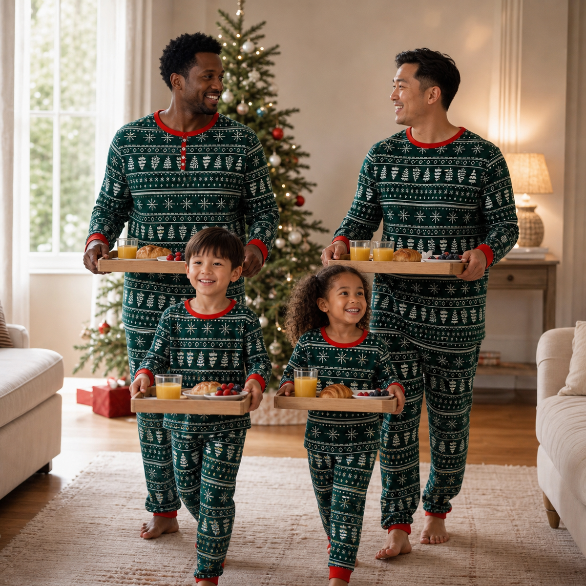 Two-father British family wearing Pine Hearth matching Christmas pyjamas at breakfast