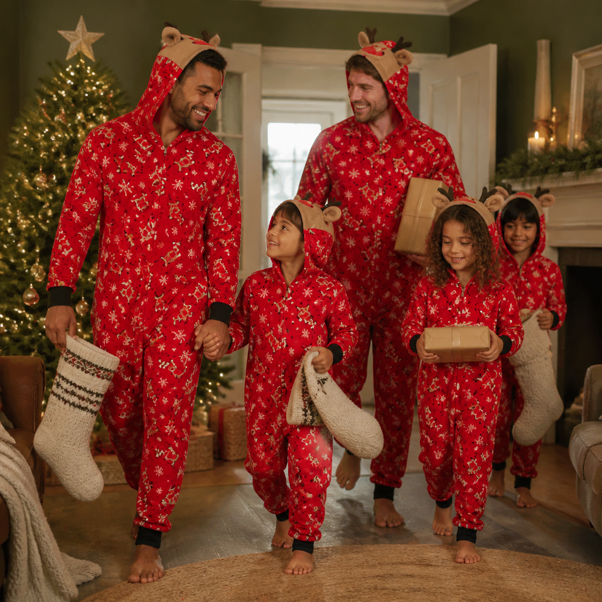 Two-father British family wearing Red Reindeer matching Christmas onesies with gifts