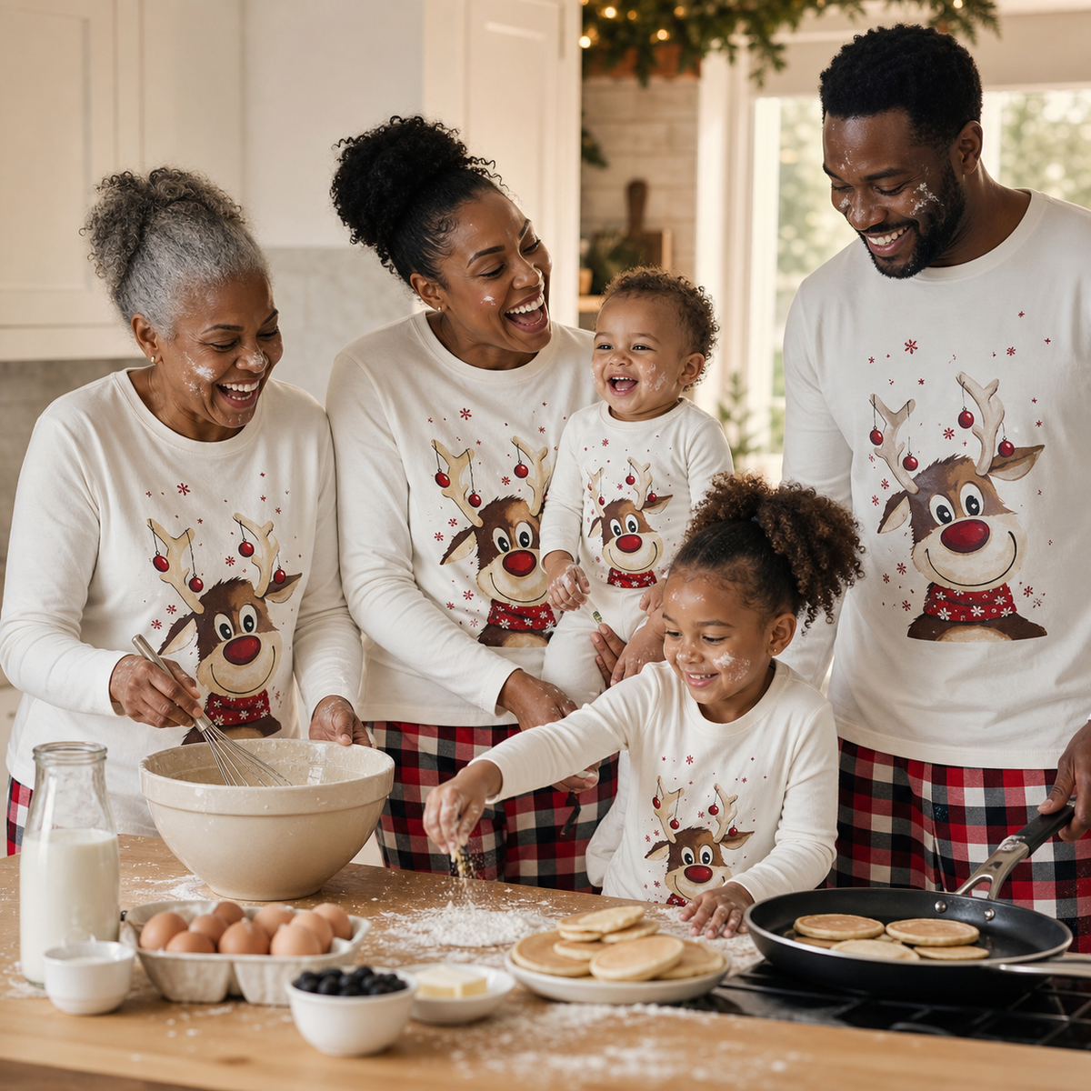 Black British family wearing Reindeer Morning matching Christmas pyjamas while making pancakes