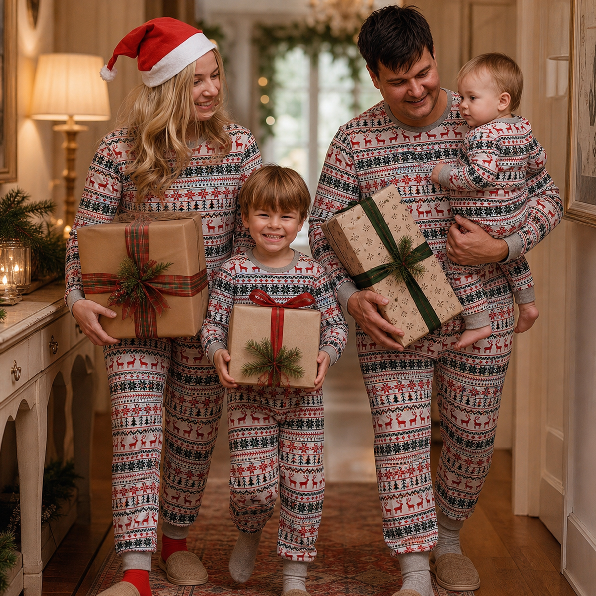 Mixed heritage British family wearing Snowberry Parlour matching Christmas pyjamas with presents