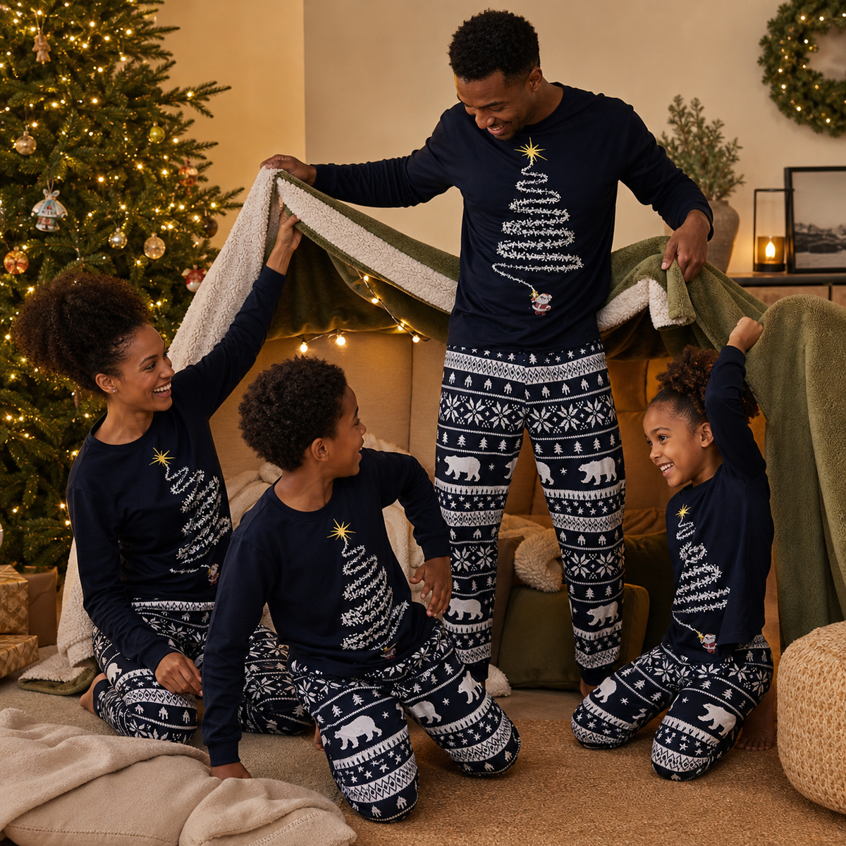 Black British family wearing midnight Starlit Spruce matching Christmas pyjamas
