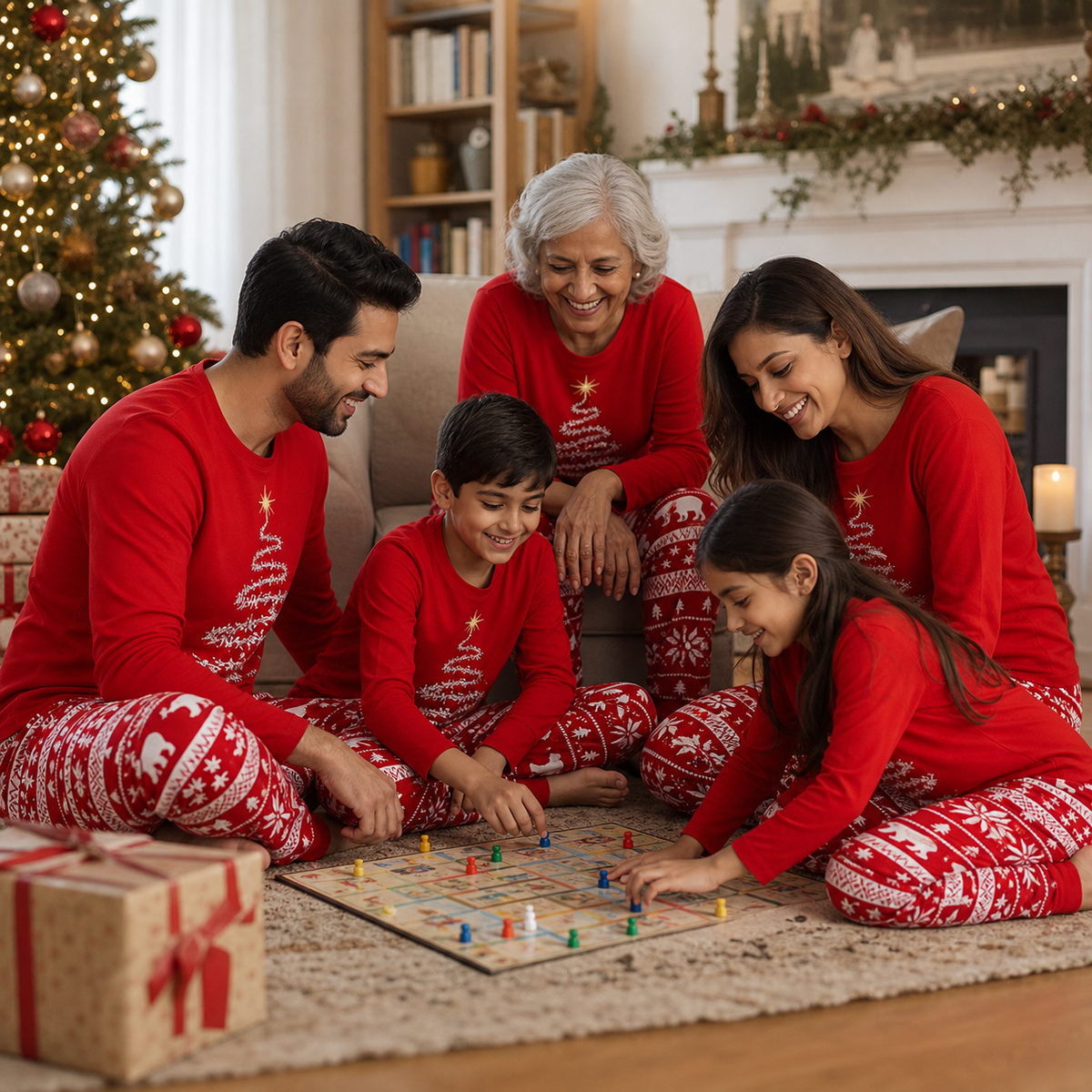 South Asian family wearing scarlet Starlit Spruce matching Christmas pyjamas