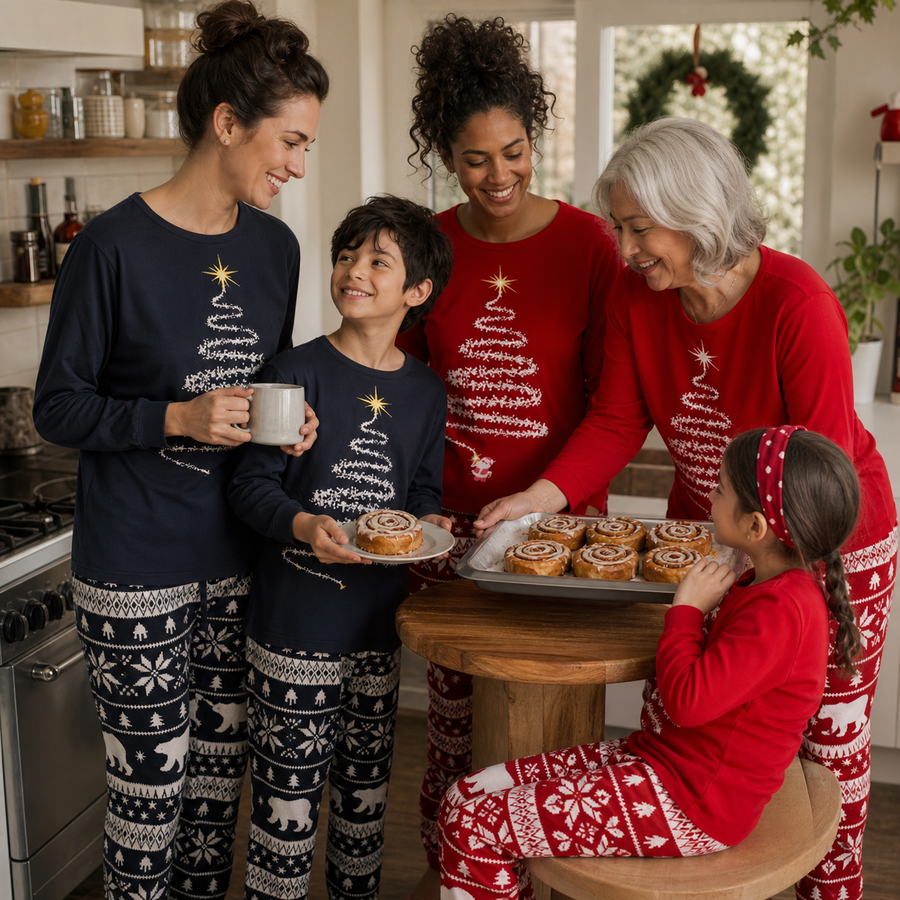 Diverse British family wearing midnight and scarlet Starlit Spruce Christmas pyjamas